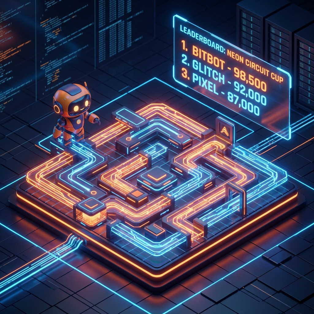 ゲームボード上を進むAIエージェントとリーダーボードのイメージ